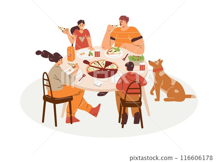 Shared food with pizza and pets, vector image on isolated background. 116606178