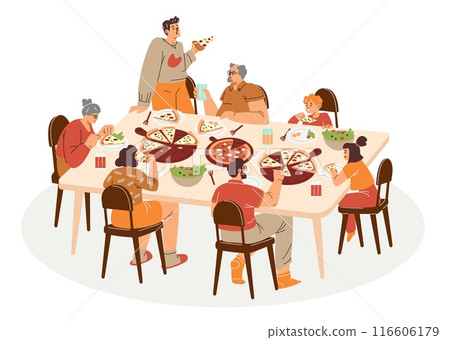 A vector illustration of a family Italian dinner: parents, grandparents and children enjoying pizza 116606179