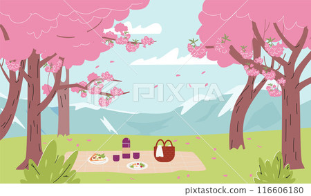 Landscape of Japanese cherry trees blossom or Sakura flower park mountains, picnic on the lawn at Hanami festival vector 116606180