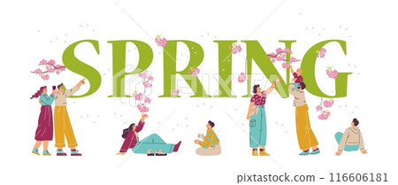 People enjoying of Japanese cherry trees blossom or Sakura flowers, Hanami festival on spring season vector poster People enjoying of Japanese cherry trees blossom or Sakura flowers, Hanami festival on spring season vector poster 116606181