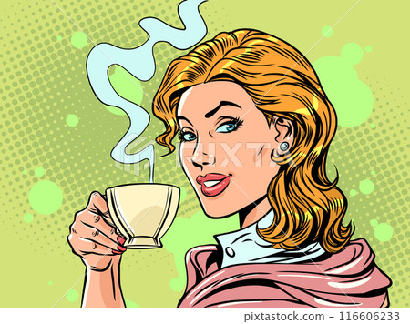 Pop Art Retro The woman drinks a warm drink and looks at you. Delicious and high-quality coffee and tea in our cafe. An invitation to try a drink to warm up. Pop Art Retro The woman drinks a warm drink and looks at you. Delicious and high-quality coffee and tea in our cafe. An invitation to try a drink to warm up. 116606233