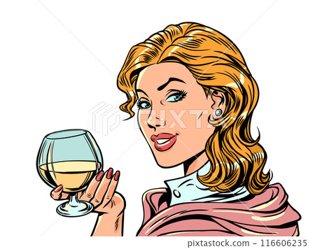 Pop Art Retro A beautiful girl is holding a glass of drink. Seasonal offers of alcoholic drinks. Advertising of the establishment. Pop Art Retro A beautiful girl is holding a glass of drink. Seasonal offers of alcoholic drinks. Advertising of the establishment. 116606235