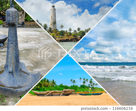 Seafaring in Sri Lanka, ships, lighthouse, anchor, ocean - colorful collage. 116606238