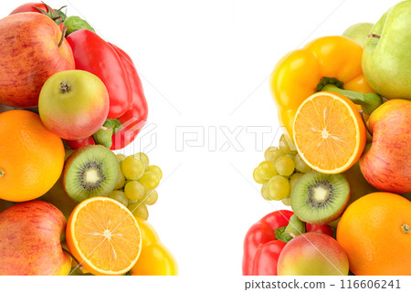 Fruits and vegetables in a wicker basket isolated on a white . Collage. Free space for text. 116606241