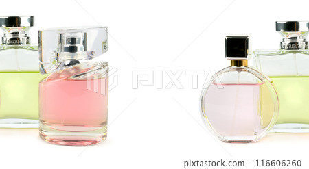 Luxury perfume in bottles isolated on white. Collage. Free space for text. Luxury perfume in bottles isolated on white. Collage. Free space for text. 116606260