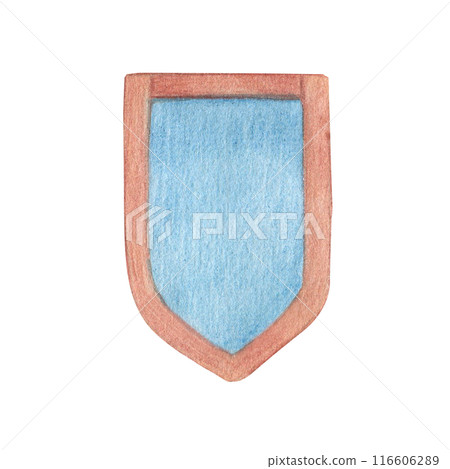 Watercolor illustration of a knight shield in blue. Long medieval shield, isolated. Hand drawn, sketch 116606289