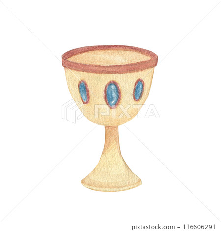 Watercolor illustration of golden medieval drink cup decorated with precious blue stones. Hand drawn sketch. Isolated Watercolor illustration of golden medieval drink cup decorated with precious blue stones. Hand drawn sketch. Isolated 116606291