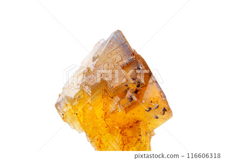 Macro mineral stone Fluorite yellow and blue color on a white background Macro mineral stone Fluorite yellow and blue color on a white background 116606318