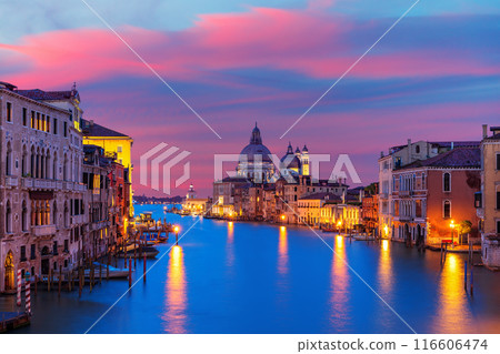 View of the Santa Maria della Salute dome in the Grand Canal at the evening, Venice, Italy View of the Santa Maria della Salute dome in the Grand Canal at the evening, Venice, Italy 116606474