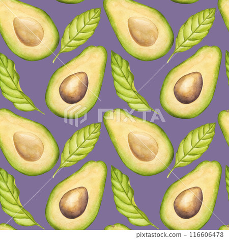 Avocado seamless pattern, fruit half with seed, green leaves. Vegetable botanical clipart. Vegan dietary food painting. Hand drawn watercolor illustration purple background. For fabric, textiles 116606478