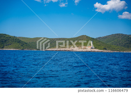 Lighthouse on shore near bay of Uvala Gradina near the town of Vela Luka on the island of Korcula, Croatia 116606479