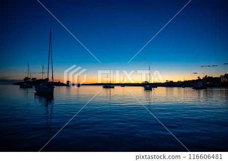 Yachts moored on buoys near the shore in the bay of Uvala Gradina near the town of Vela Luka on the island of Korcula at night time in Croatia 116606481