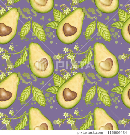 Avocado seamless pattern, fruit half with seed heart shaped, green leaves, flowers. Vegetable botanical clipart. Vegan dietary food painting. Hand drawn watercolor illustration purple background Avocado seamless pattern, fruit half with seed heart shaped, green leaves, flowers. Vegetable botanical clipart. Vegan dietary food painting. Hand drawn watercolor illustration purple background 116606484