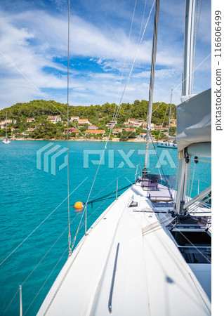 Yacht sailing near Croatia coast. Close-up view of the deck, mast and sails. Yachting concept Yacht sailing near Croatia coast. Close-up view of the deck, mast and sails. Yachting concept 116606499
