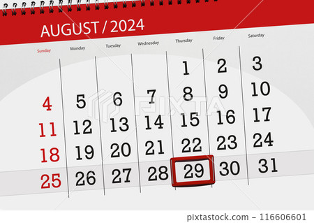 Calendar 2024, deadline, day, month, page, organizer, date, August, thursday, number 29 Calendar 2024, deadline, day, month, page, organizer, date, August, thursday, number 29 116606601