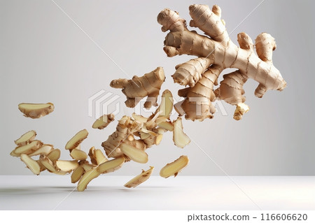 Flying ginger root on white background. Healthy food concept. 3D Rendering 116606620