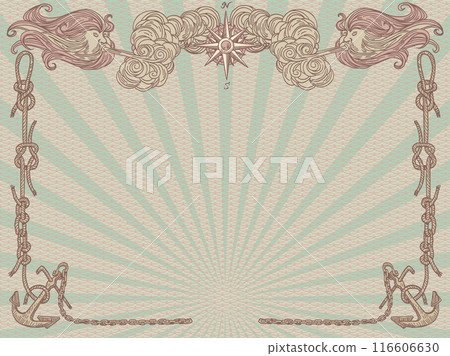 Background with a frame of nautical maps. Fantasy stylish design of an advertising poster. Antique stylized nautical frame with empty space. 116606630