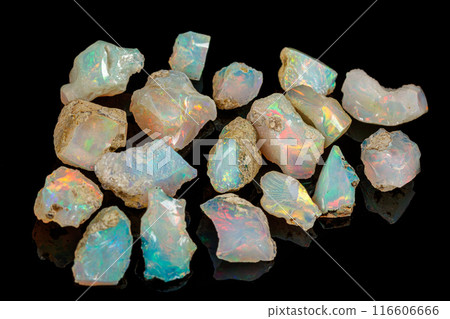 macro mineral stone rare and beautiful opals on a black background 116606666