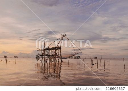 Villager large fish net lifting in Songkhla lake, Phatthalung, Thailand. 116606837
