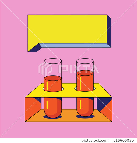 Chemical test tubes for experiments. Test tubes with orange solution. In a yellow-orange stand. On a pink background. With yellow space for signature. 116606850