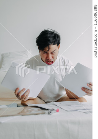 Man get crazy and desperate with documents problems of bills and loans. 116606899