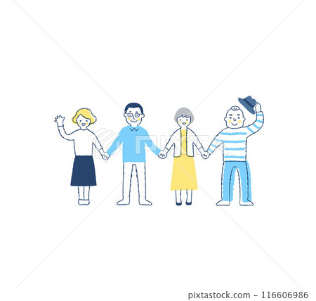 Four smiling men and women holding hands Four smiling men and women holding hands 116606986