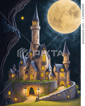 Halloween background with haunted castle and full moon - illustration for children Halloween background with haunted castle and full moon - illustration for children 116606995