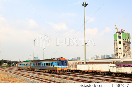diesel multiple unit or Diesel Railcar on the railroad tracks near train station. diesel multiple unit or Diesel Railcar on the railroad tracks near train station. 116607037