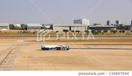 Ground Service fuel truck on operation ay airport. Ground Service fuel truck on operation ay airport. 116607044