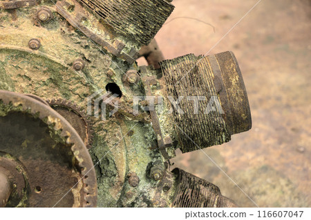 Broken Airplane cylinder engine, Vintage Airplane engine from crash plane. Broken Airplane cylinder engine, Vintage Airplane engine from crash plane. 116607047