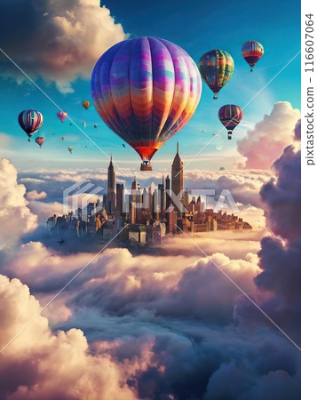 Fantasy landscape with castle and hot air balloons flying in the sky 116607064