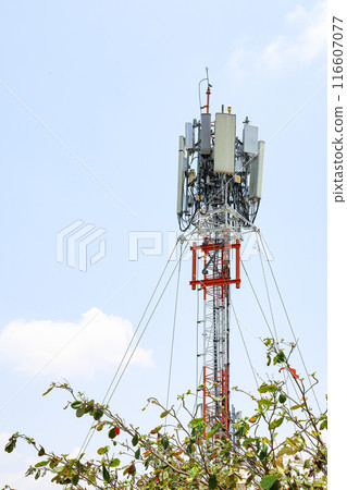 Wireless Communication Antenna pole, Mobile phone mast antenna pole on top of dilapidated building. 116607077
