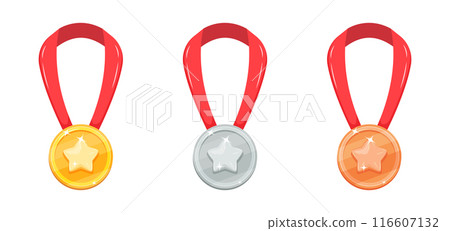 Set of prize medals with star on ribbon. Award for first, second and third place. Gold, silver and bronze pendant Set of prize medals with star on ribbon. Award for first, second and third place. Gold, silver and bronze pendant 116607132