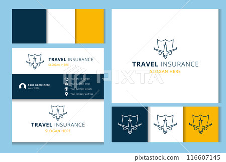 Travel insurance logo concept featuring airplane taking off inside a shield Travel insurance logo concept featuring airplane taking off inside a shield 116607145