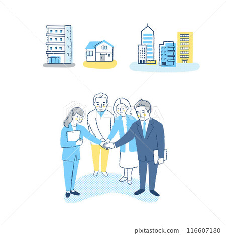 Customers and salespeople joining hands in a circle 116607180
