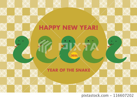 New Year's card illustration for 2025, Year of the Snake: Lined up snakes and Japanese pattern background New Year's card illustration for 2025, Year of the Snake: Lined up snakes and Japanese pattern background 116607202