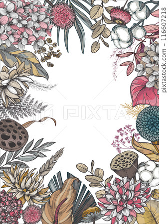 Vector frame with dried flowers, leaves and branches. Different flowers, palm leaves, eucalyptus and other plants in beautiful composition for invitation or greeting card. Vector frame with dried flowers, leaves and branches. Different flowers, palm leaves, eucalyptus and other plants in beautiful composition for invitation or greeting card. 116607218