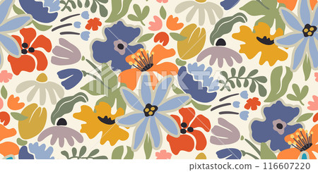 Vector summer seamless pattern with natural elements, flowers, leaves in modern trendy style. 116607220