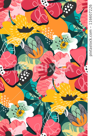 Vector seamless pattern with bright flowers and leaves. Endless floral background. 116607226