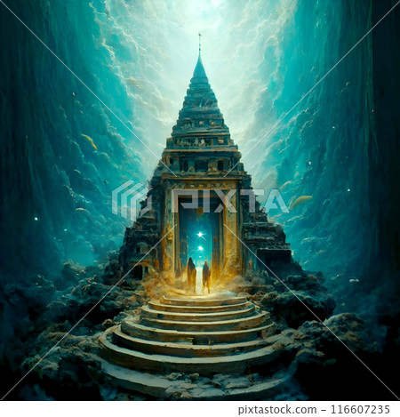 Construction with columns under ocean water of lost Atlantida world. Lost ancient civilization. Ai generated 116607235