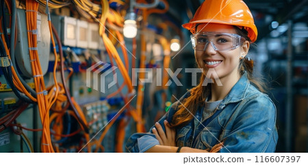 Female Electrician Working on Electrical Panel in Industrial Setting 116607397