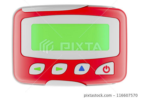 Red Pager, beeper with blank screen. Front view, 3D rendering Red Pager, beeper with blank screen. Front view, 3D rendering 116607570