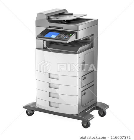Office Multifunction Printer MFP, silver color. 3D rendering Office Multifunction Printer MFP, silver color. 3D rendering 116607571