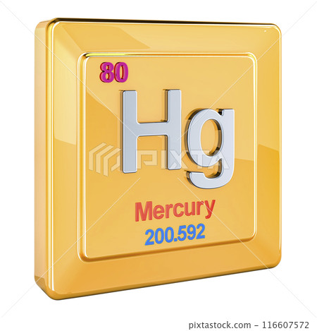 Mercury Hg, chemical element sign with number 80 in periodic table. 3D rendering 116607572