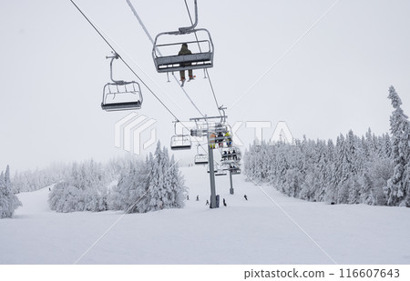 Ski Lift in Winter Wonderland: Skiers Ascend Snow-Covered Mountain Amidst Frosty Trees and Serene Winter Landscape 116607643