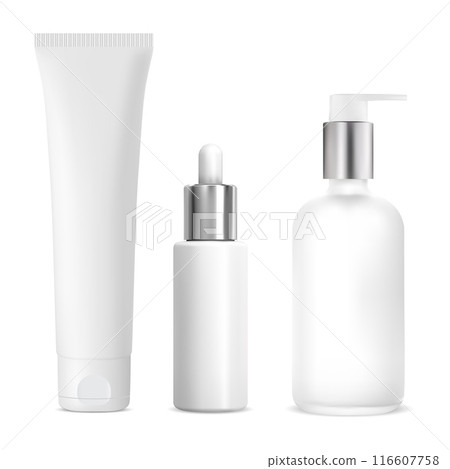 Realistic cosmetic bottle set. Pump bottle, serum 116607758