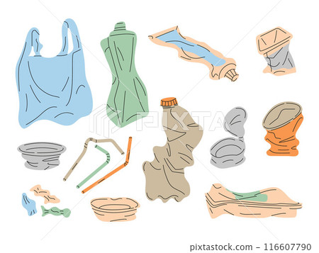 Depicting plastic waste set, including crumpled and squeezed containers and used disposable paper cups Depicting plastic waste set, including crumpled and squeezed containers and used disposable paper cups 116607790