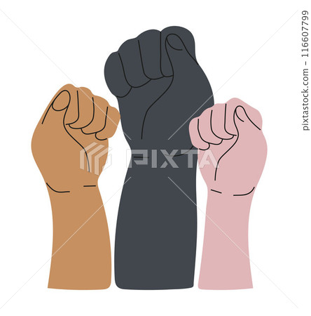 three fists of different races, symbolizing unity and support in the fight for justice. 116607799