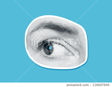 Human eye with eyebrow vector illustration. Woman halftone eye looks to the side, sticker. Isolated on blue background. Pop art concept Human eye with eyebrow vector illustration. Woman halftone eye looks to the side, sticker. Isolated on blue background. Pop art concept 116607840