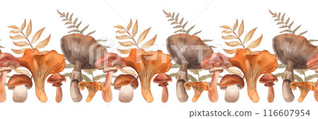 Mushroom champignons chanterelles fern rowan branch fly agaric brown yellow orange, seamless pattern, hand-drawn watercolor illustration on a white background. For the design of autumn holidays cards. Mushroom champignons chanterelles fern rowan branch fly agaric brown yellow orange, seamless pattern, hand-drawn watercolor illustration on a white background. For the design of autumn holidays cards. 116607954